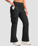 women's fleece-lined cargo flare leggings in black - cargo pocket detail view