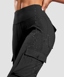women's fleece-lined cargo flare leggings in black - fabric detail view