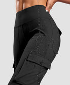 women's fleece-lined cargo flare leggings in black - fabric detail view