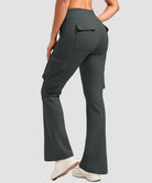 women's fleece-lined cargo flare leggings in dark gray - back view