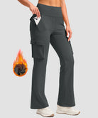 women's fleece-lined cargo flare leggings in dark gray - cargo pocket detail view