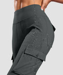 women's fleece-lined cargo flare leggings in dark gray - fabric detail view