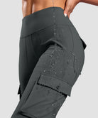women's fleece-lined cargo flare leggings in dark gray - fabric detail view