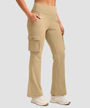 women's fleece-lined cargo flare leggings in light khaki - cargo pocket detail view