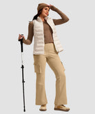 women's fleece-lined cargo flare leggings in light khaki - front view