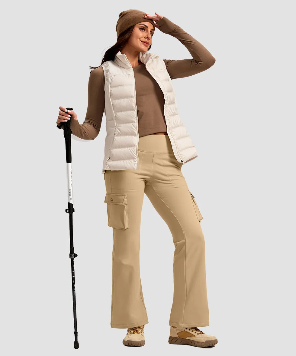 women's fleece-lined cargo flare leggings in light khaki - front view