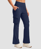 women's fleece-lined cargo flare leggings in navy - cargo pocket detail view