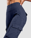 women's fleece-lined cargo flare leggings in navy - fabric detail view