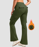 women's fleece-lined cargo flare leggings in olive green - back view