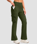 women's fleece-lined cargo flare leggings in olive green - cargo pocket detail view