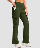 women's fleece-lined cargo flare leggings in olive green - cargo pocket detail view
