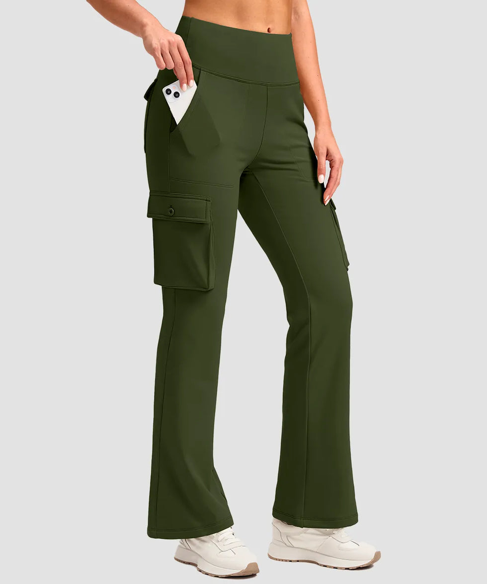 women's fleece-lined cargo flare leggings in olive green - cargo pocket detail view