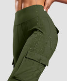 women's fleece-lined cargo flare leggings in olive green - fabric detail view