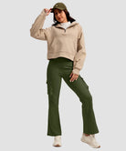 women's fleece-lined cargo flare leggings in olive green - front view