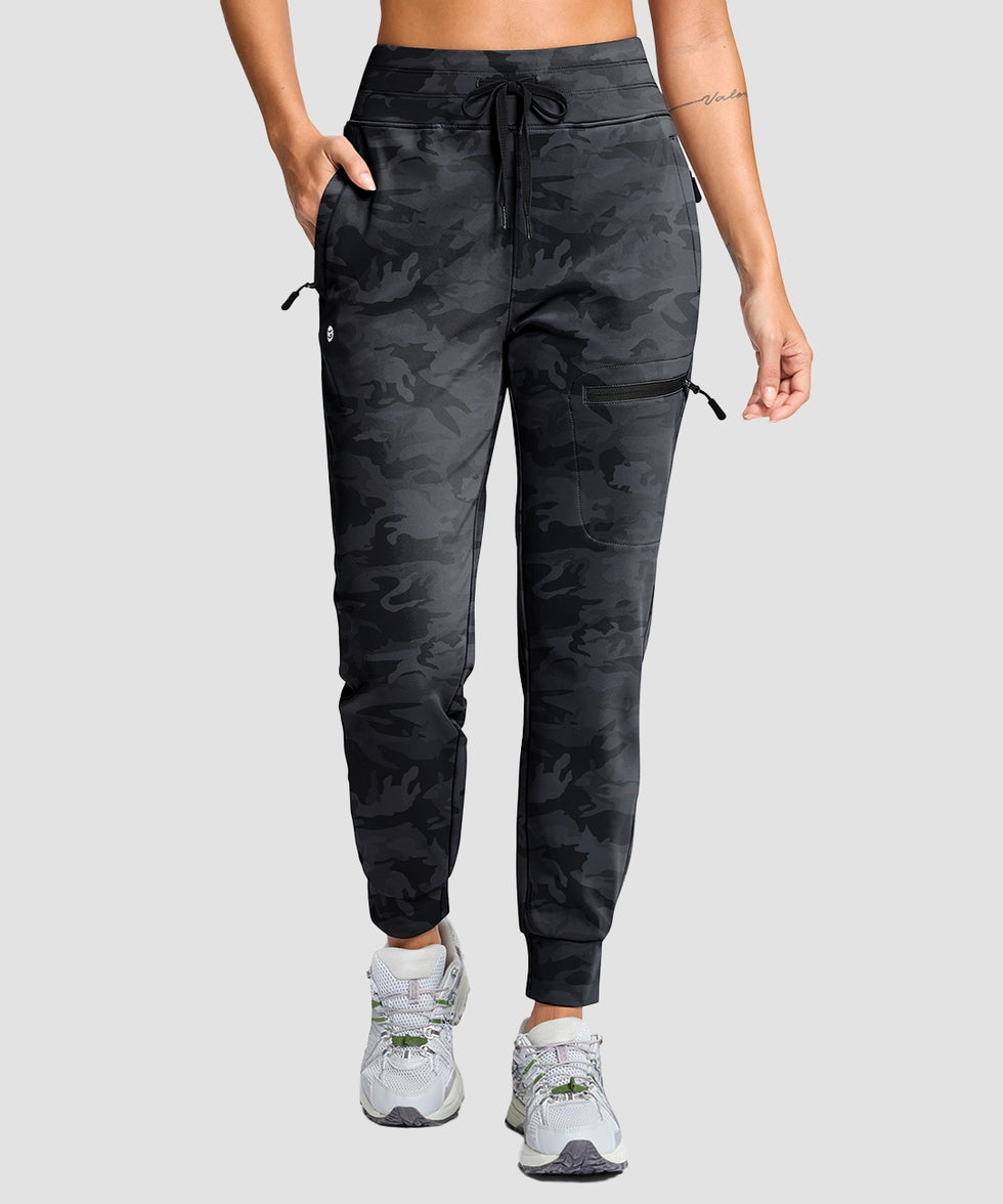 women's fleece-lined four-zip-pocket outdoor pants in gray camo - pocket details view