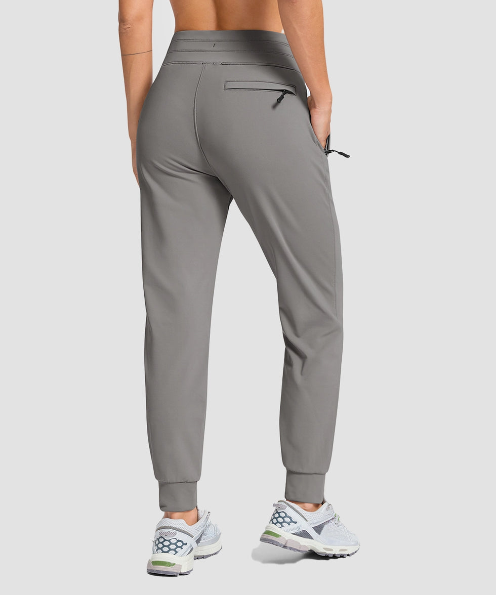 women's fleece-lined four-zip-pocket outdoor pants in light gray - back view