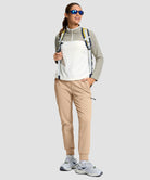 women's fleece-lined four-zip-pocket outdoor pants in light khaki - front view