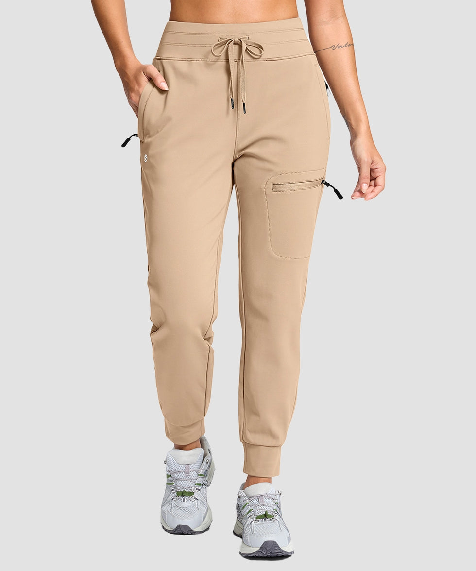 women's fleece-lined four-zip-pocket outdoor pants in light khaki - pocket details view