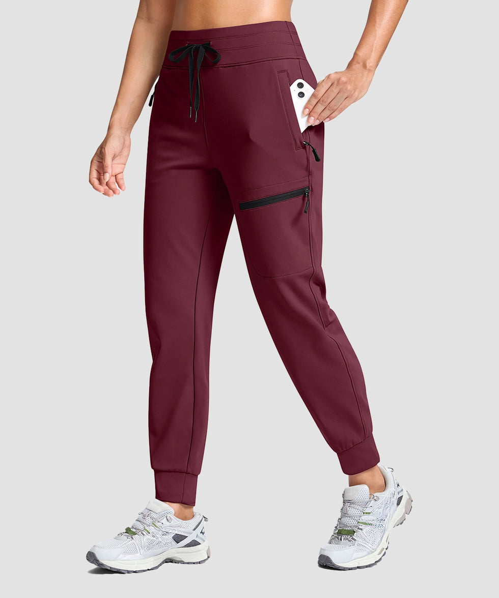 women's fleece-lined four-zip-pocket outdoor pants in maroon - pocket details view
