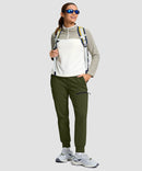 women's fleece-lined four-zip-pocket outdoor pants in olive green - front view
