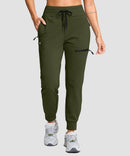 women's fleece-lined four-zip-pocket outdoor pants in olive green - pocket details view