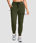 women's fleece-lined four-zip-pocket outdoor pants in olive green - pocket details view