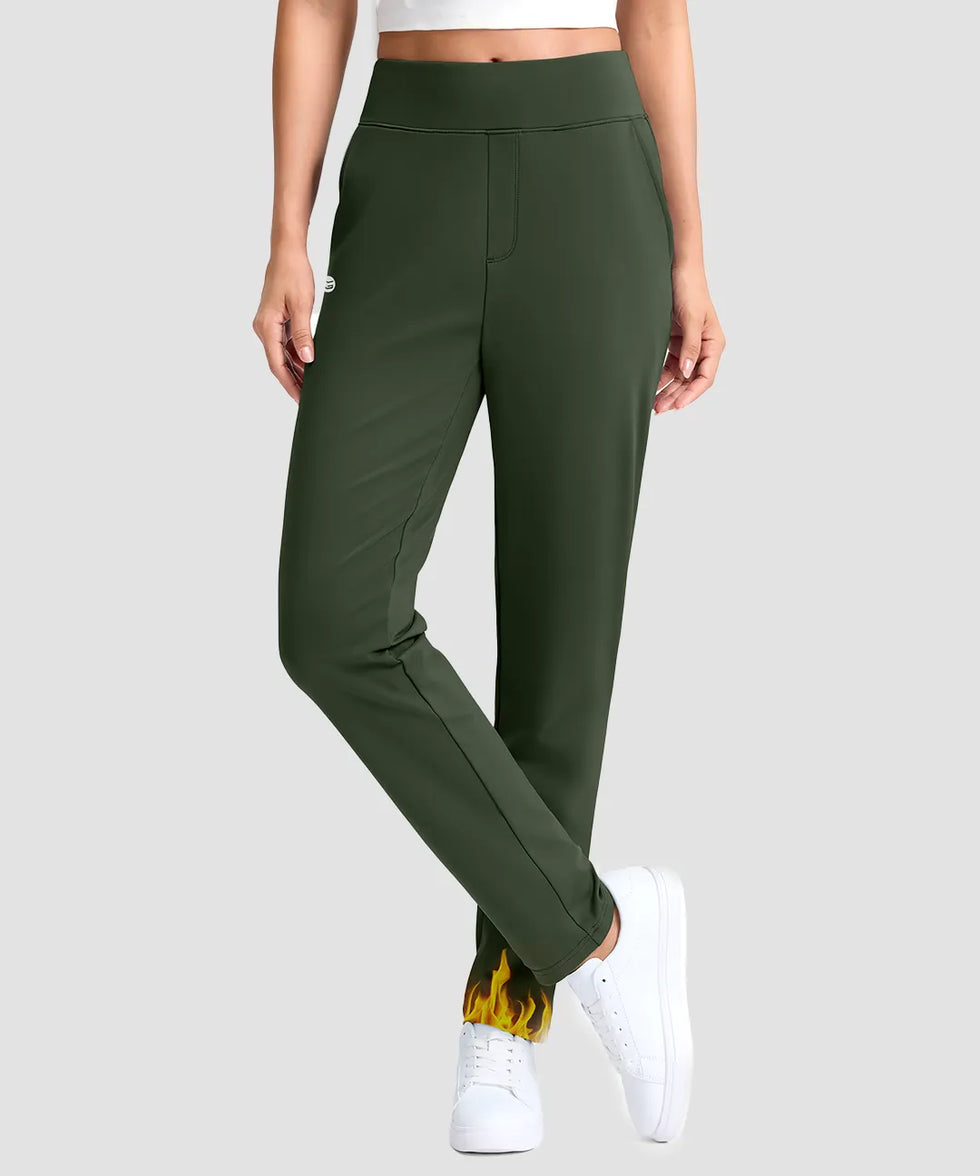 women's fleece-lined golf pants 27''/29'' in olive green - front view