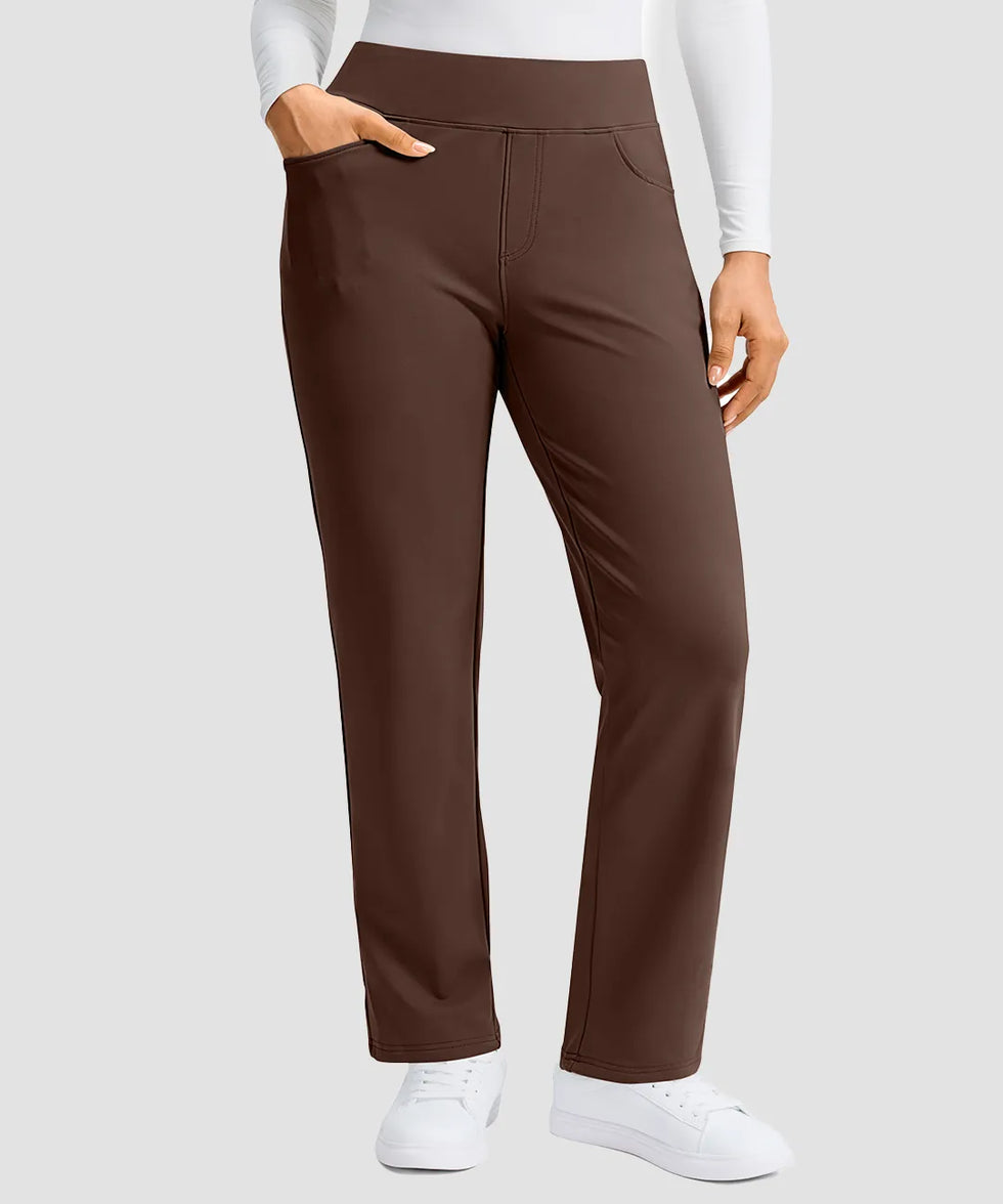 women's fleece-lined slim-fit golf pants in brown - pocket detail