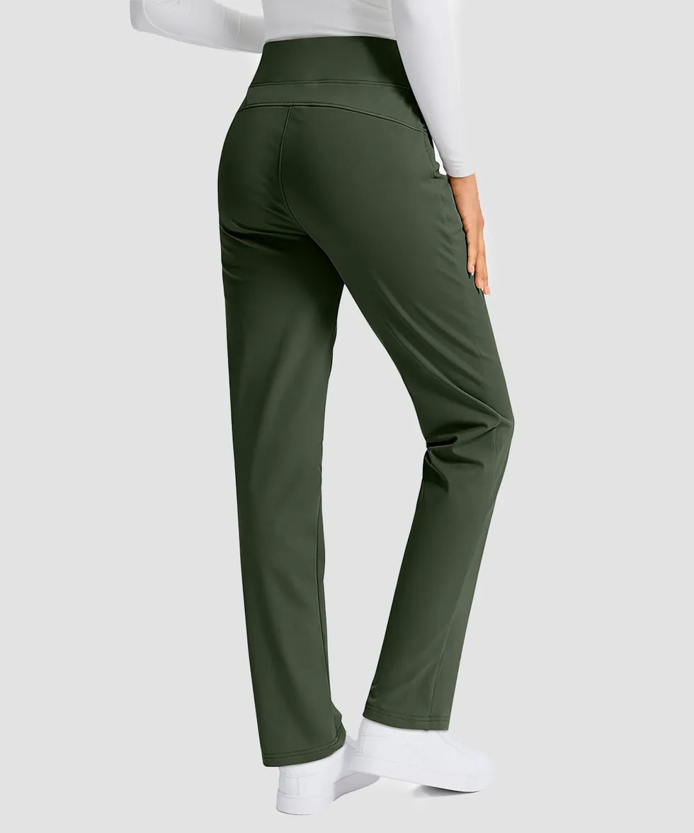 women's fleece-lined slim-fit golf pants in olive green - back view