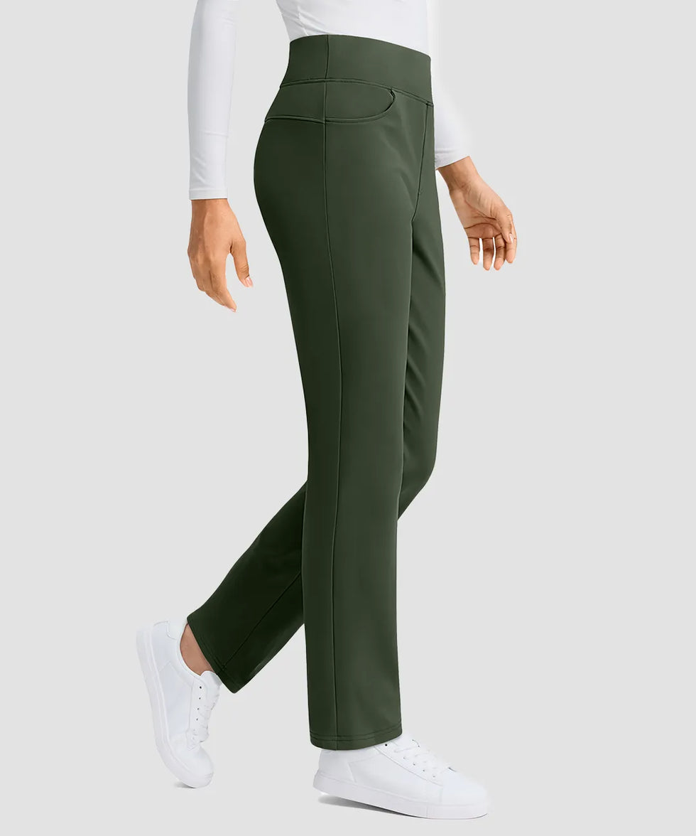 women's fleece-lined slim-fit golf pants in olive green - side view