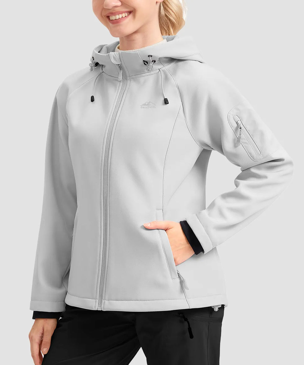 women's fleece-lined softshell jacket in grayish white - front view