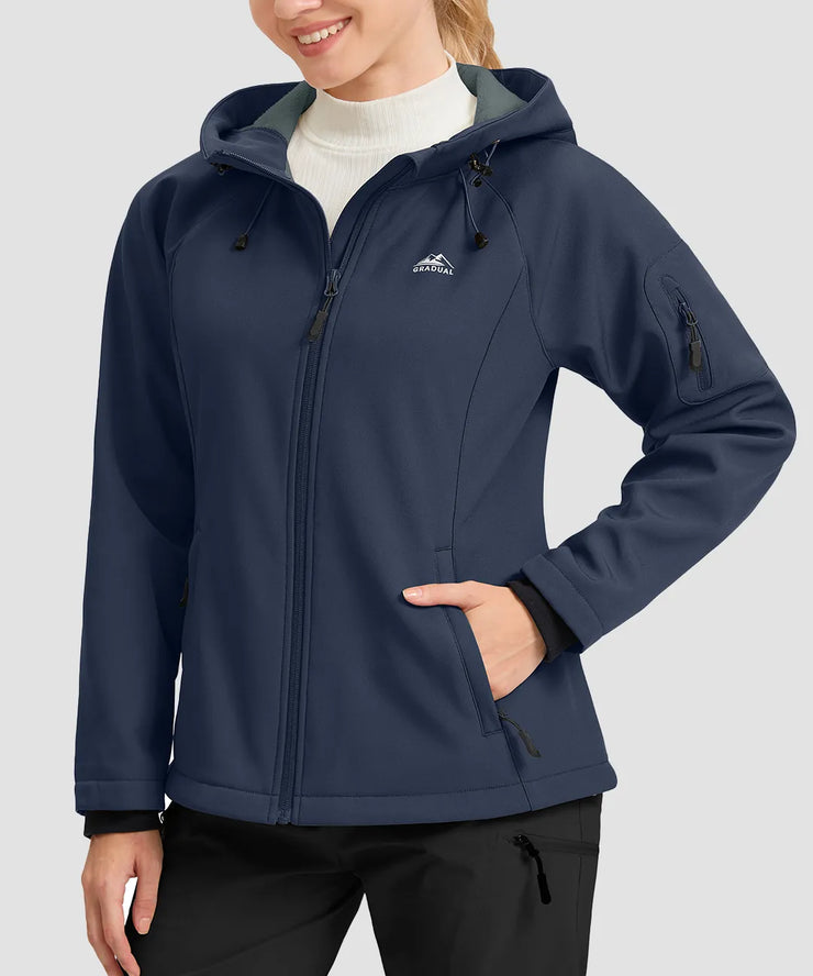 women's fleece-lined softshell jacket in navy - front view