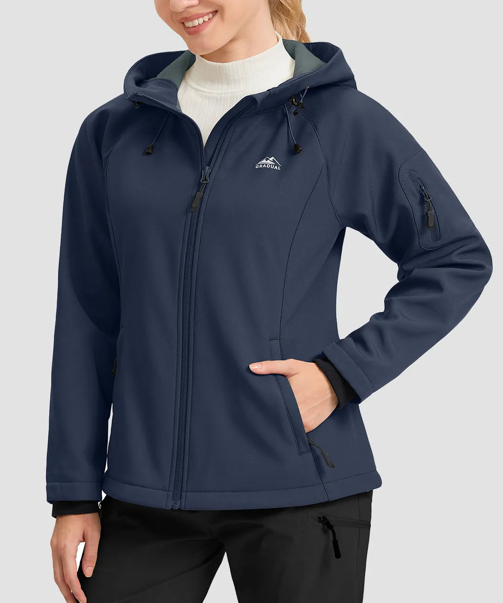women's fleece-lined softshell jacket in navy - front view