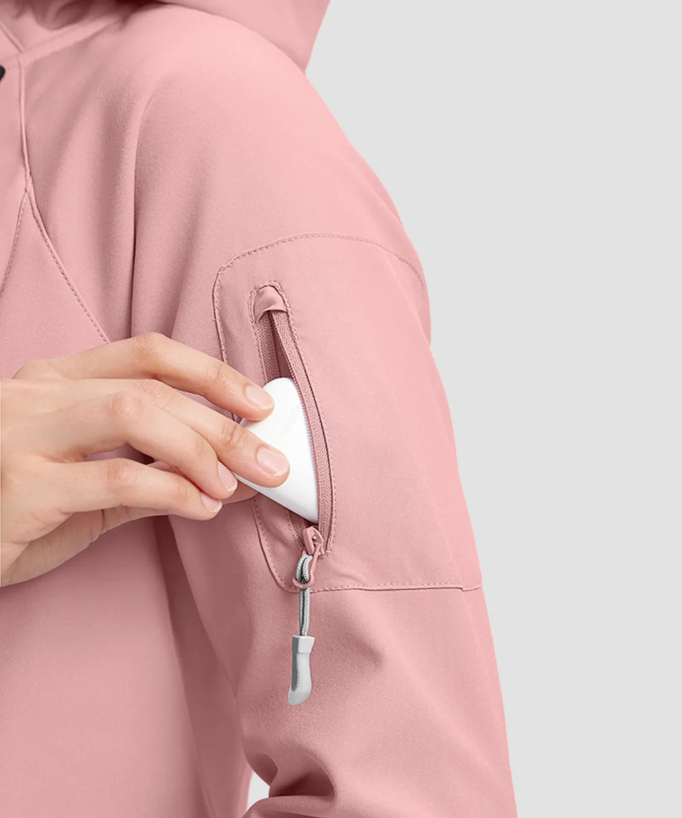 women's fleece-lined softshell jacket in pink - zipper pocket detail view