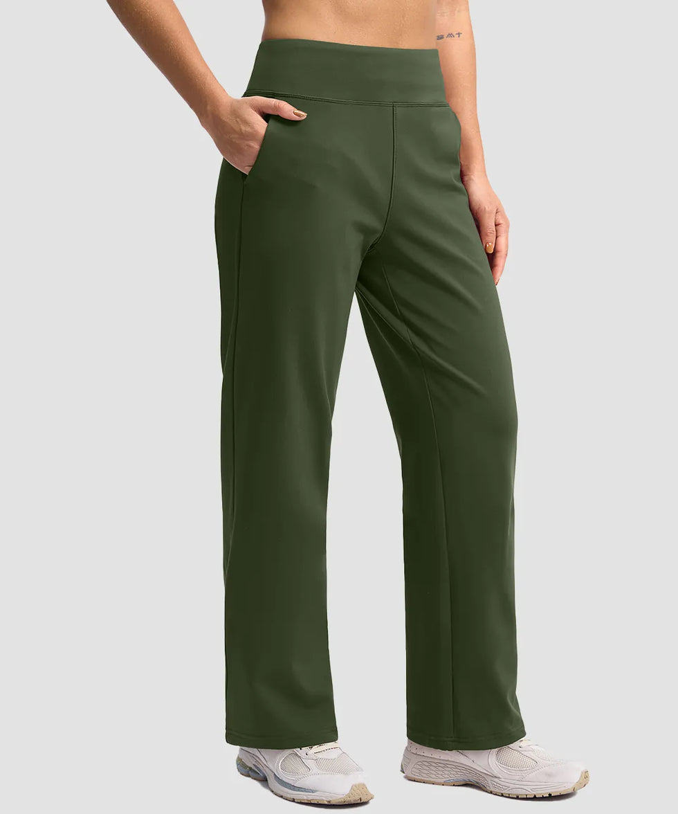 women's fleece-lined straight-leg pants 28'' 30'' in olive green - side view