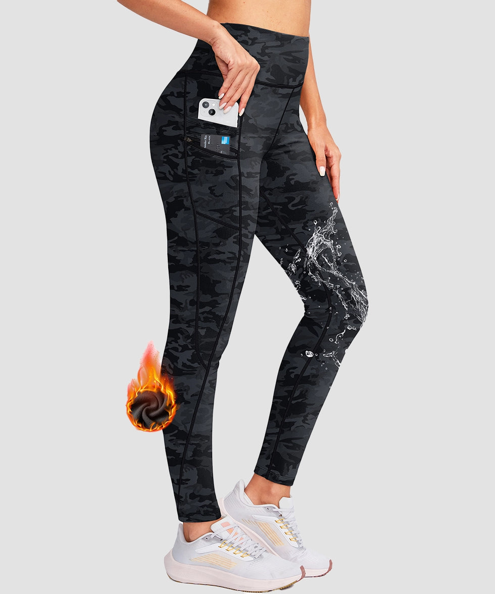 women's fleece-lined with pockets leggings in gray camo - pocket details view