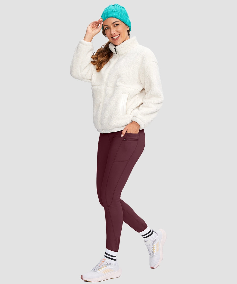 women's fleece-lined with pockets leggings in wine - side view