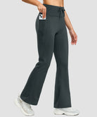 women's fleece lining zip pockets flare leggings in dark gray - zipper pocket detail view