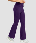 women's fleece lining zip pockets flare leggings in deep purple - zipper pocket detail view