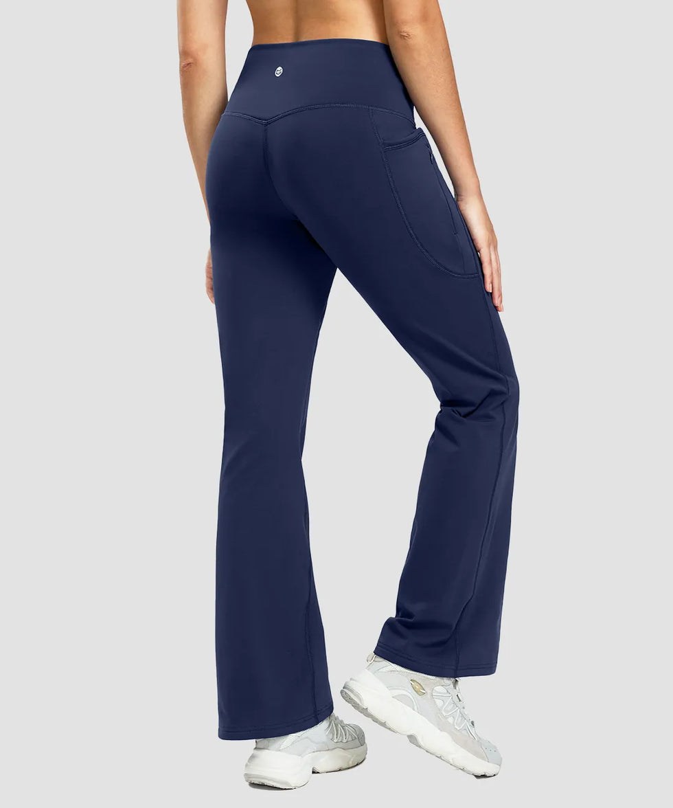 women's fleece lining zip pockets flare leggings in navy - back view