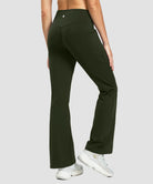 women's fleece lining zip pockets flare leggings in olive green - back view