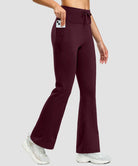 women's fleece lining zip pockets flare leggings in wine - zipper pocket detail view