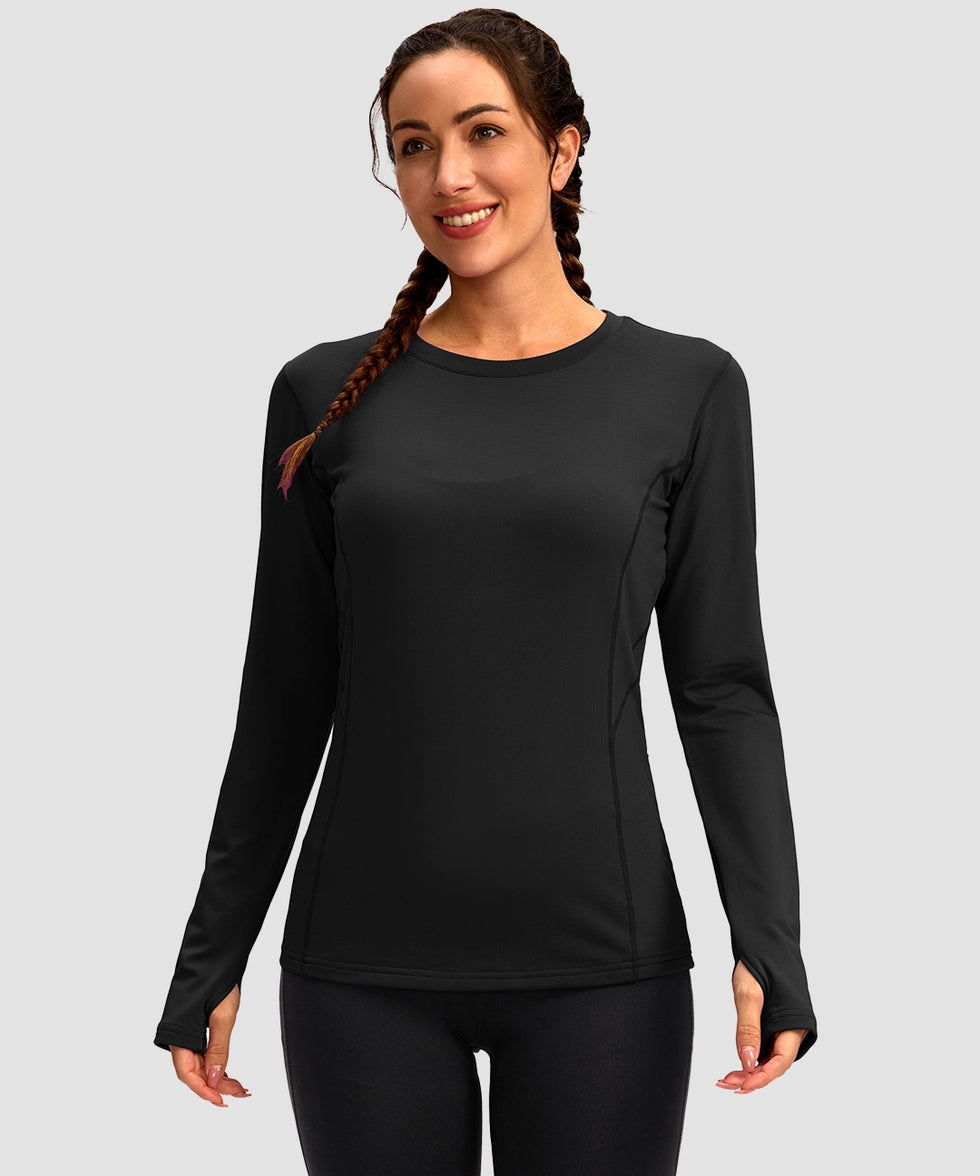 women's fleece zipper pockets base layer in black - front view