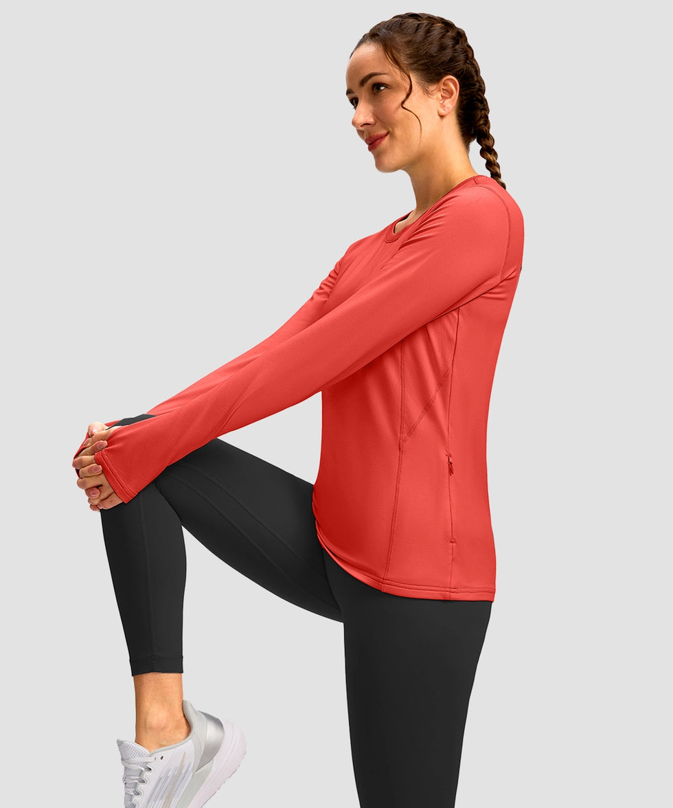 women's fleece zipper pockets base layer in coral - side view