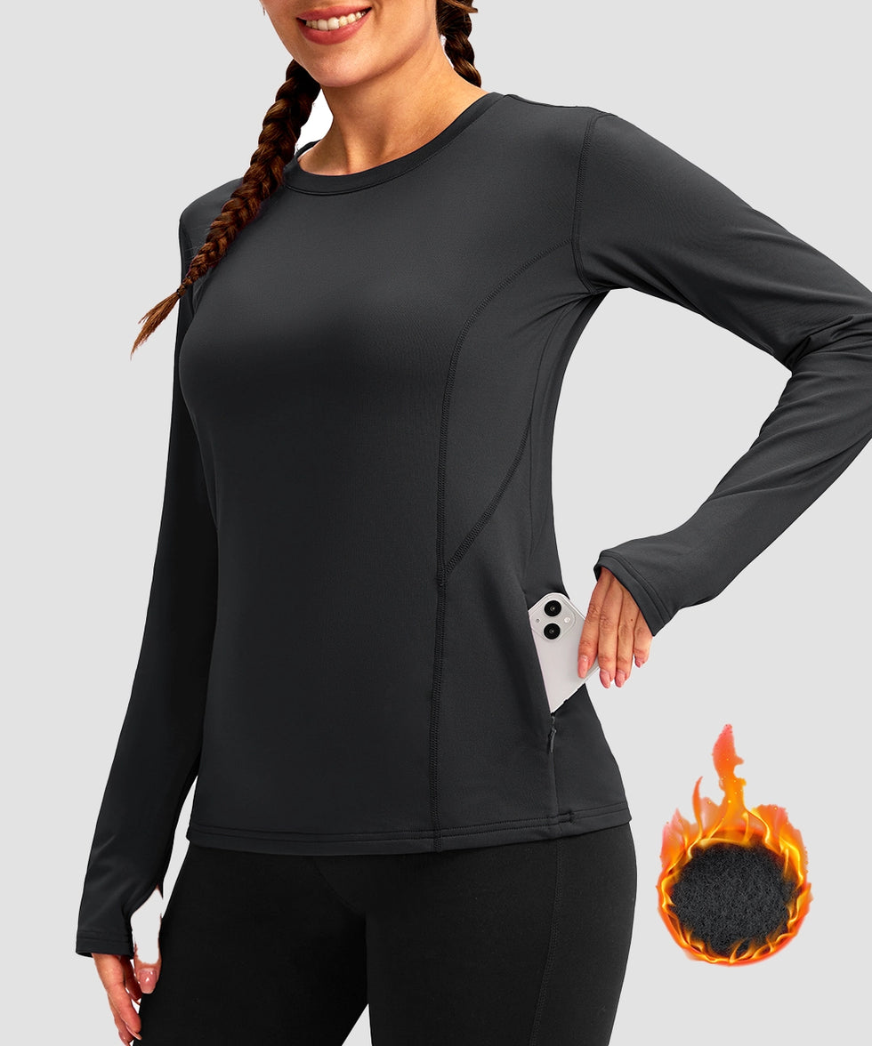 women's fleece zipper pockets base layer in dark gray - zipper pocket detail view