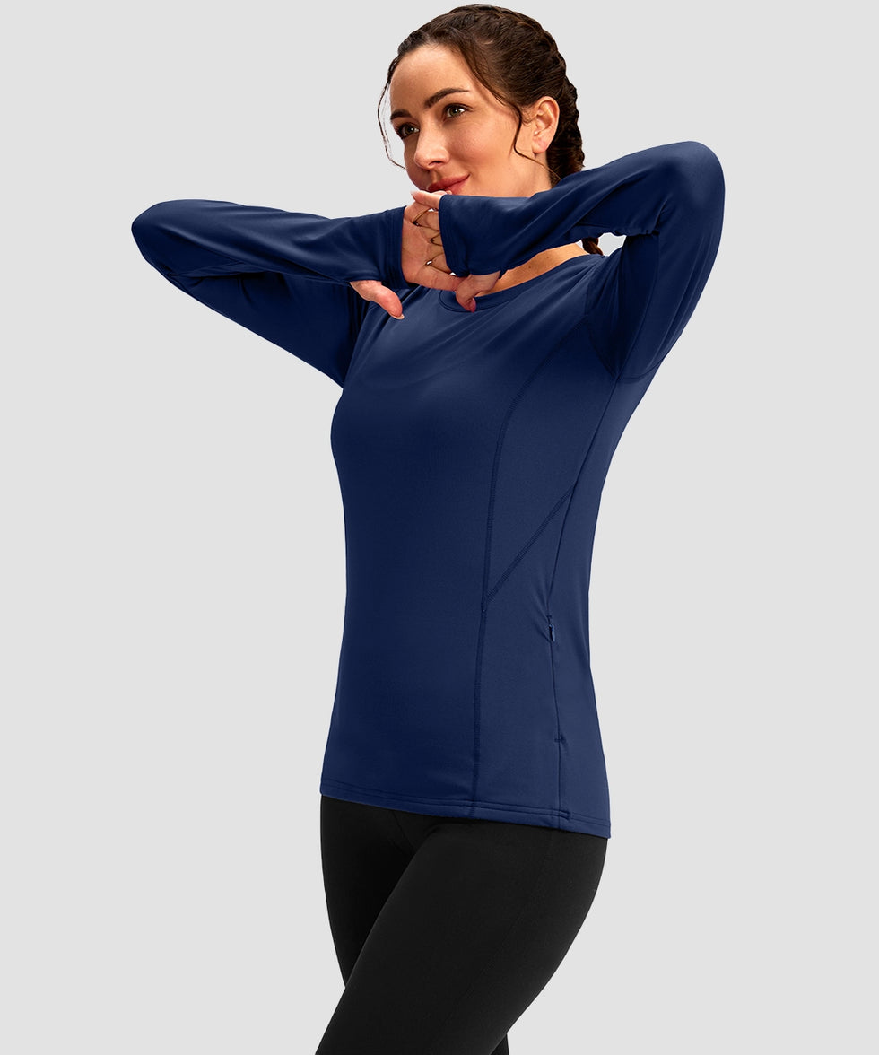 women's fleece zipper pockets base layer in navy - side view