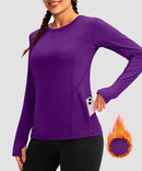 women's fleece zipper pockets base layer in purple - zipper pocket detail view