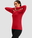women's fleece zipper pockets base layer in red - front view