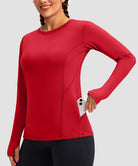 women's fleece zipper pockets base layer in red - zipper pocket detail view