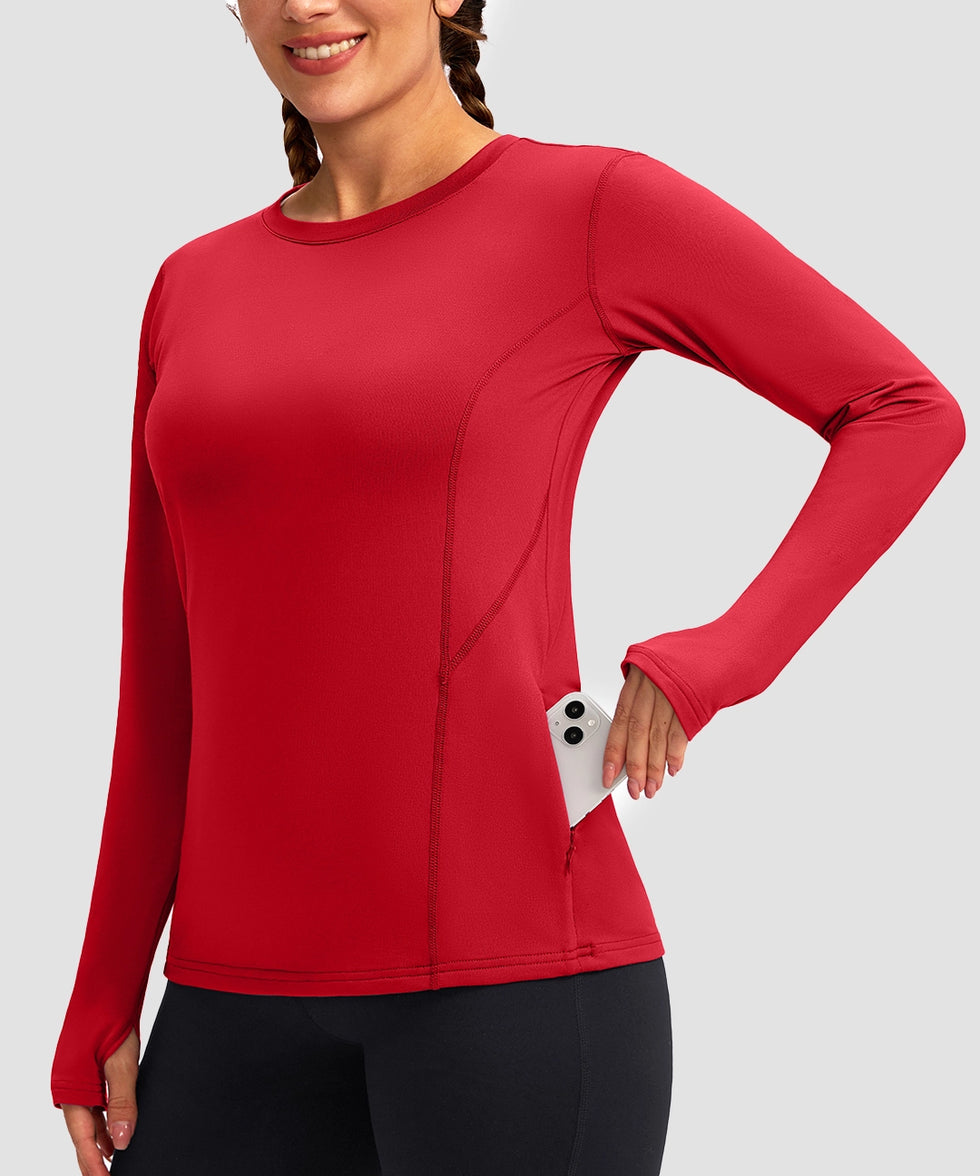 women's fleece zipper pockets base layer in red - zipper pocket detail view
